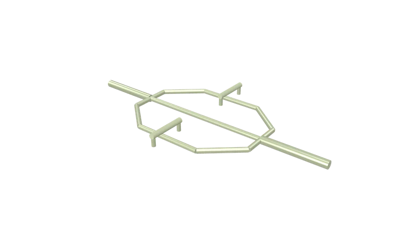 Illustration of a hexagonal trap bar with raised handles, seen from above and to one side