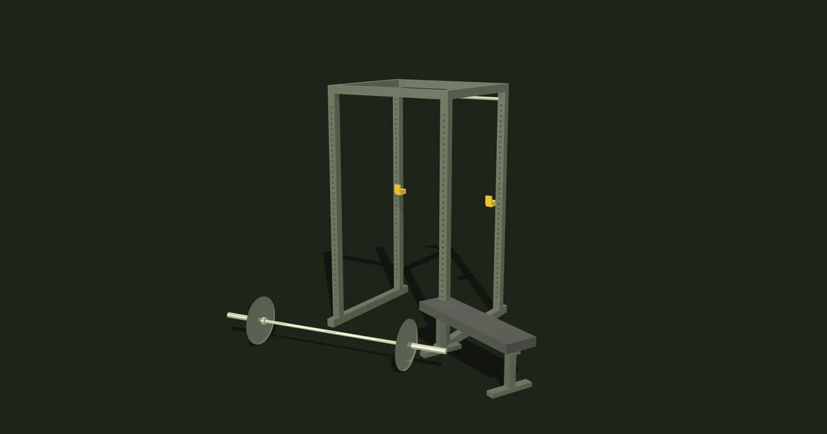 Illustration of a home gym setup with a power rack, a flat bench and a loaded Olympic barbell on the floor