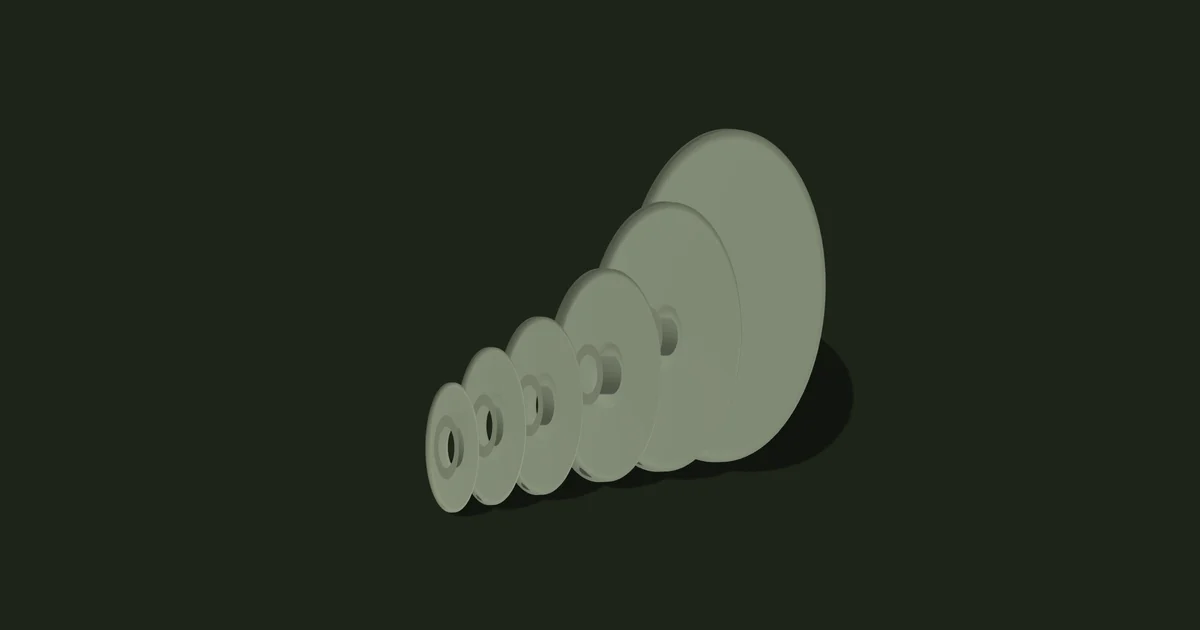 Illustration of cast iron weight plates stood in a row from 45 pounds down to 2.5 pounds, showing how diameter changes with weight
