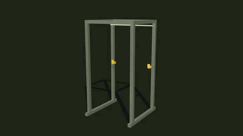 Illustration of a four-post power rack with a pull-up bar and adjustable J-cups at squat height